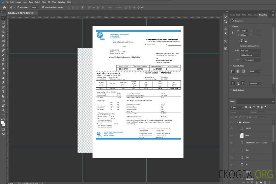 Modèle de facture de services publics d'électricité des États-Unis Florida Power & Light Company (FPL) aux formats Word et PDF template